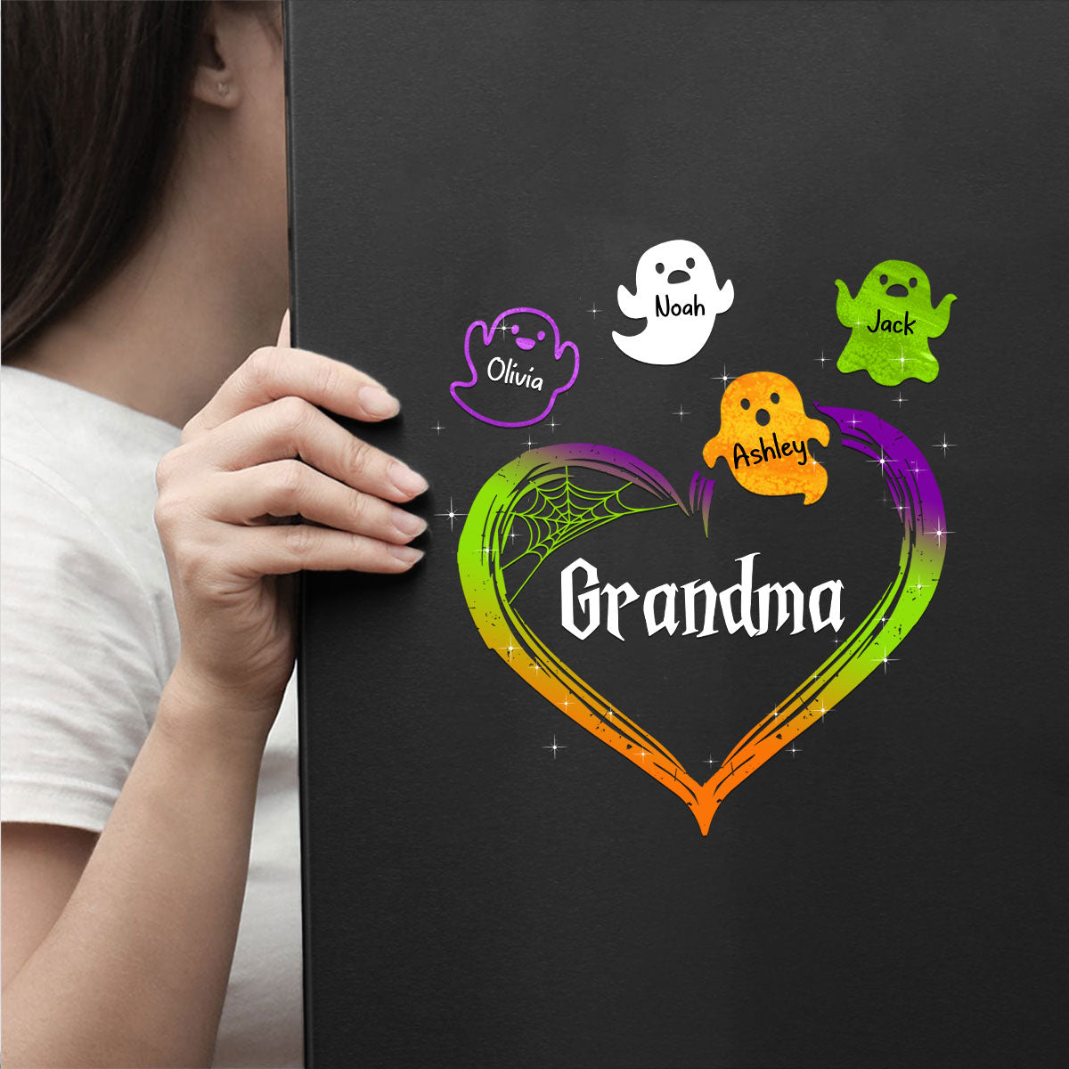 Grandma Mom Boo Flying Heart Personalized Decal, Halloween Decor