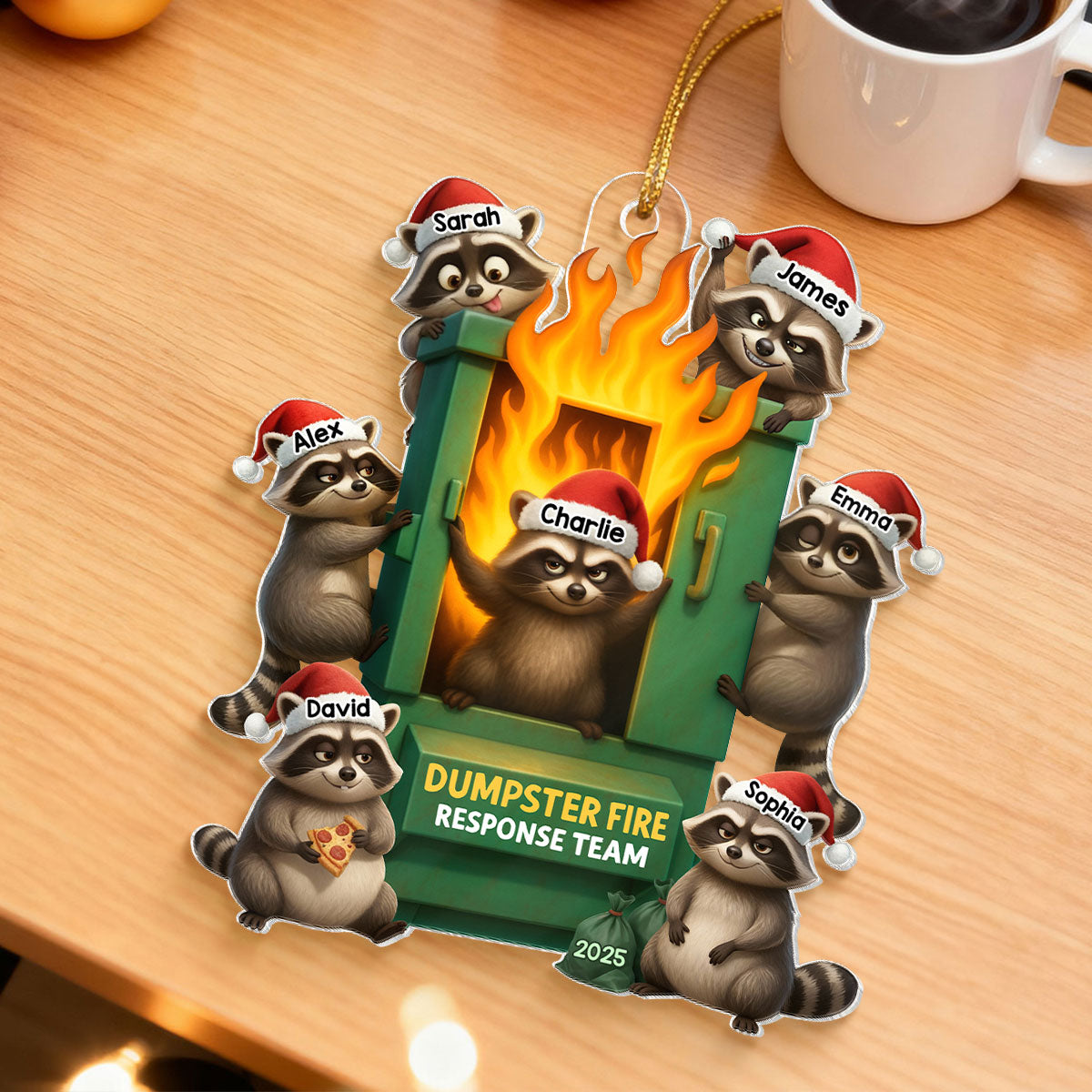 Cunning Raccoon Office Chaos Dumpster Fire Response Team - Personalized Acrylic Ornament - Funny Holiday Gift for Coworkers