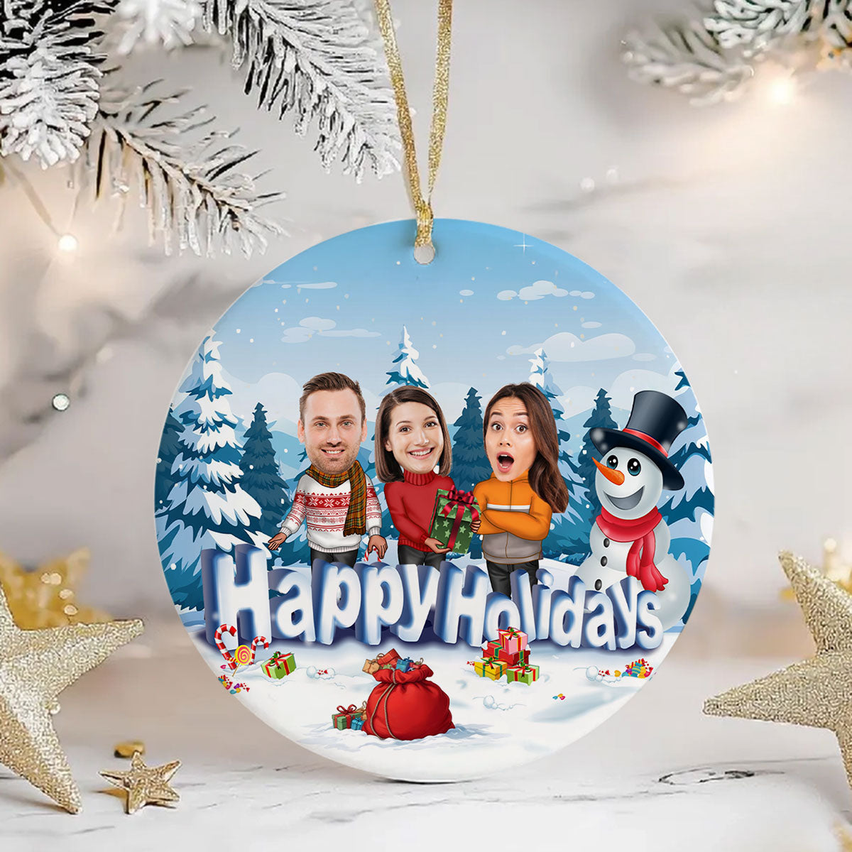Happy Holiday Funny Family, Custom Photo Ornament, Personalized Family Photo Circle Ceramic Christmas Ornament, Family Keepsake