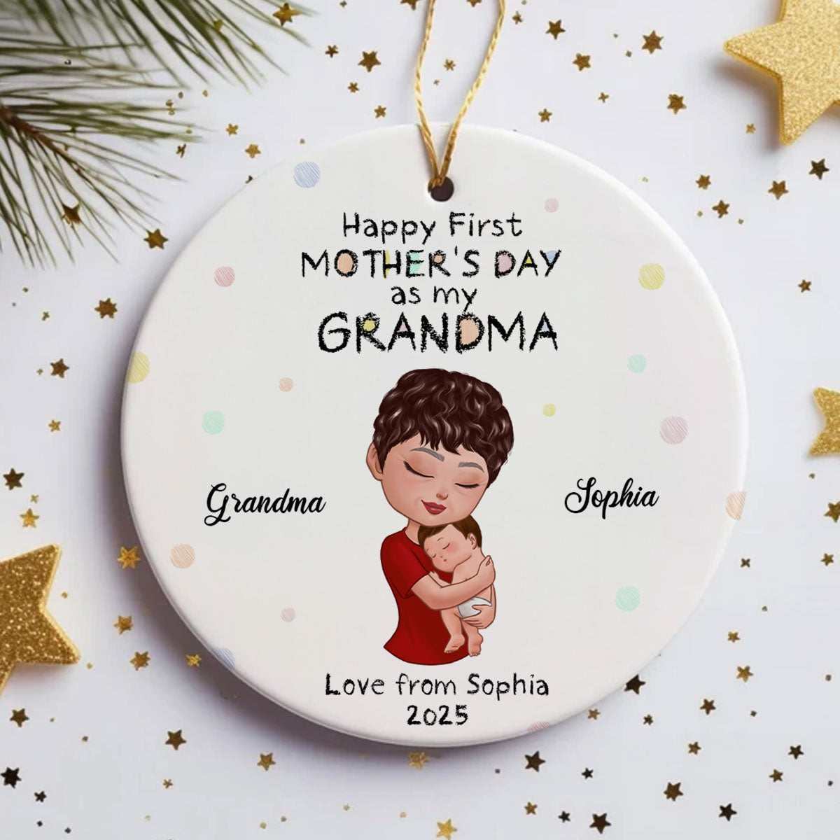 Happy First Mother's Day Mom Grandma Hugging Kid Crayon Patterned Personalized Circle Ceramic Ornament