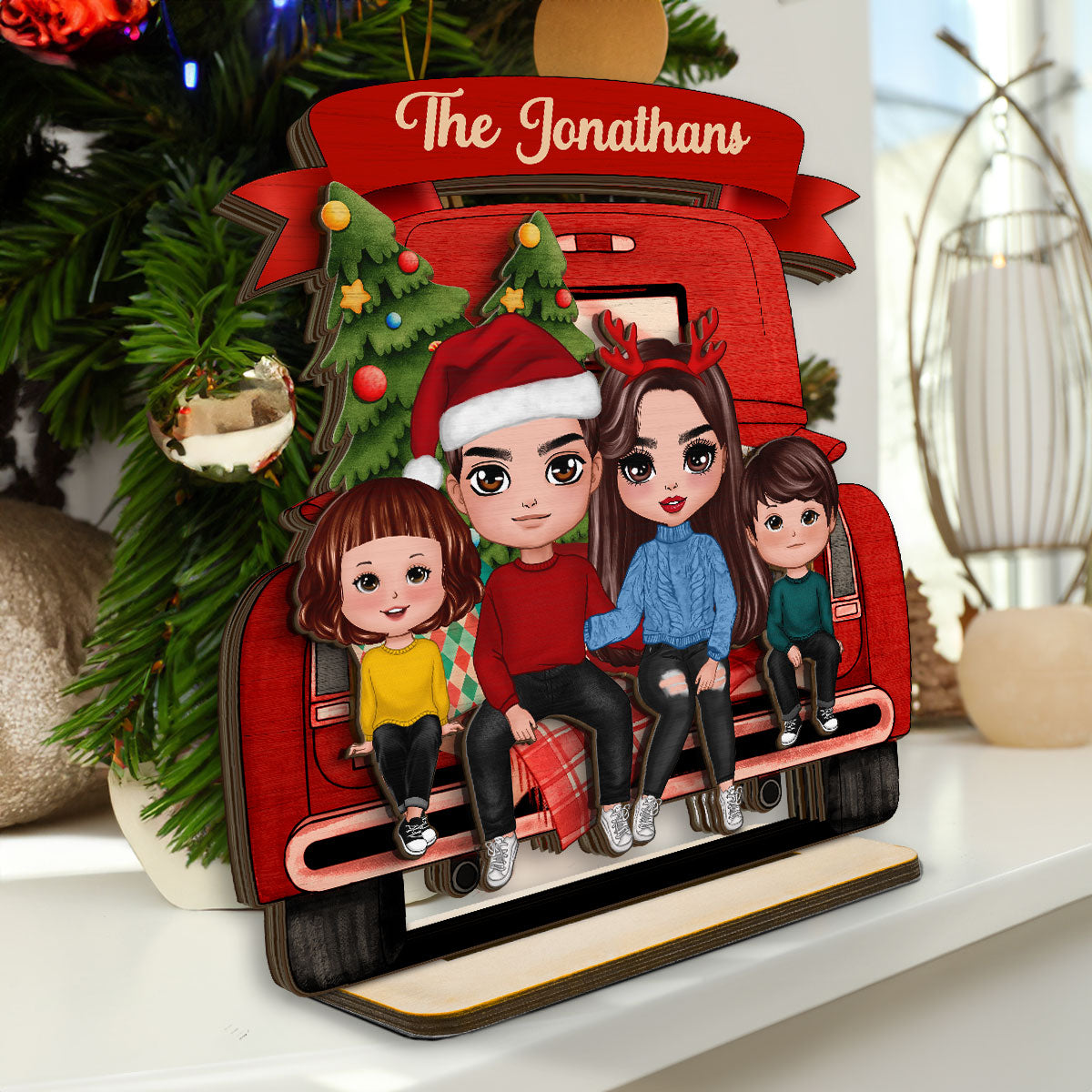 Family Couple On Christmas Truck Personalized Standing Wooden Plaque