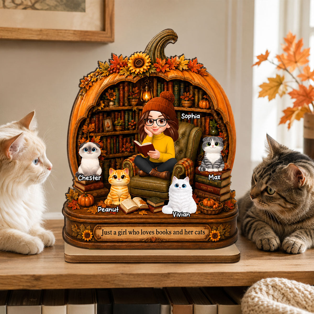 Reading Girl Who Loves Books And Her Cats - Personalized 2-Layered Wooden Plaque - Fall Season Decor Gift, Gift For Book Lovers