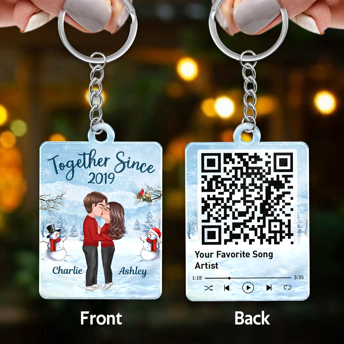 Winter Doll Couple Kissing Favorite Song Scannable QR Code Personalized Acrylic Keychain