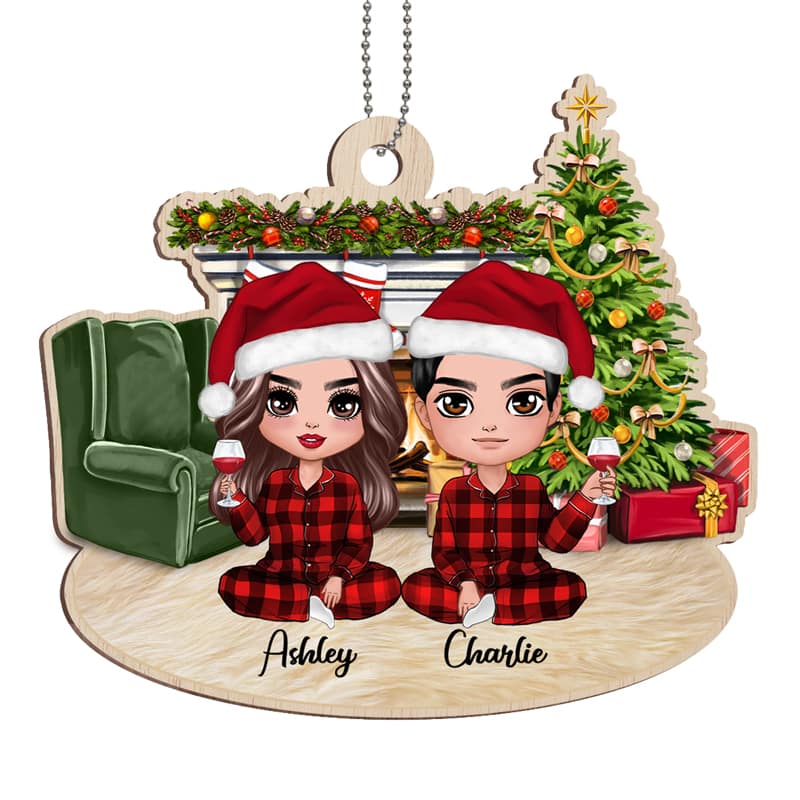 Pajamas Doll Couple Sitting At Fireplace Personalized Wooden Ornament