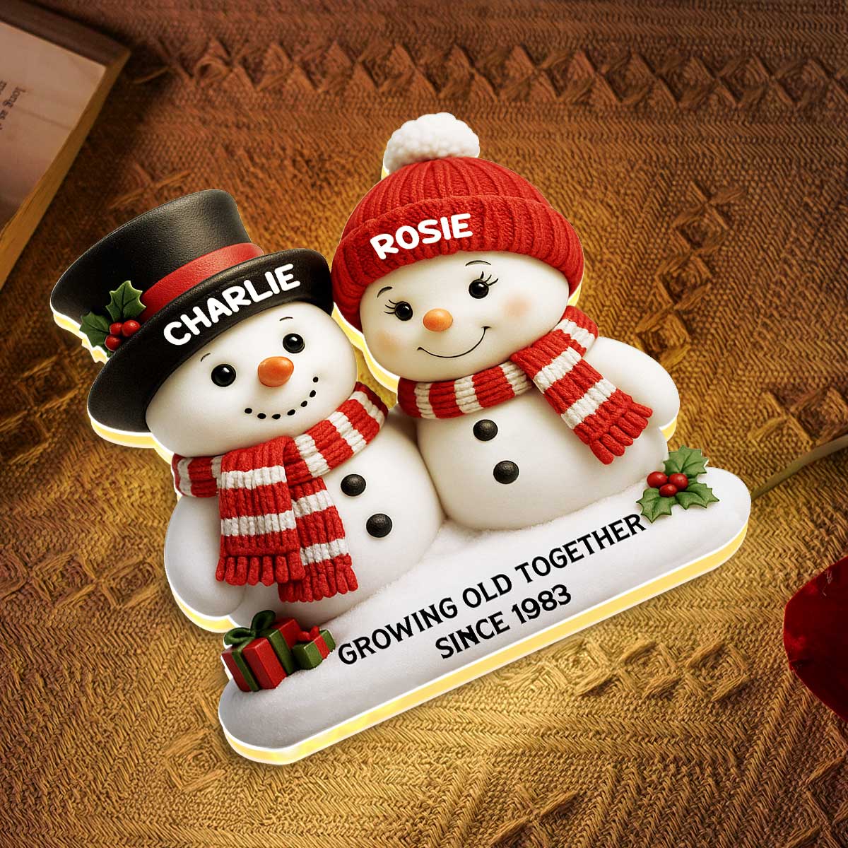 Christmas Snowman Couple Growing Old Together - Personalized Light Box - Gift For Couple