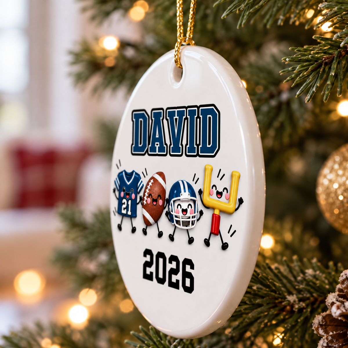 Football Things 2D Flat - Personalized Ceramic Ornament – Custom Name Football Christmas Keepsake Gift for Player, Son, Daughter, Teen
