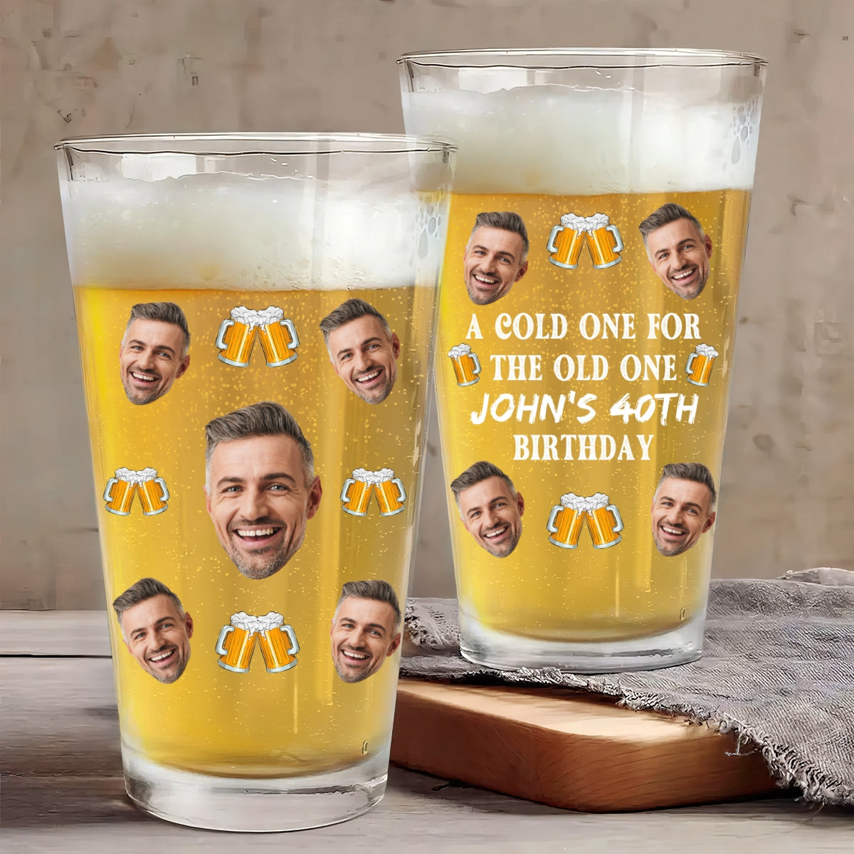 A Cold One For The Old One Photo Upload Funny Birthday Gift Personalized Beer Glass