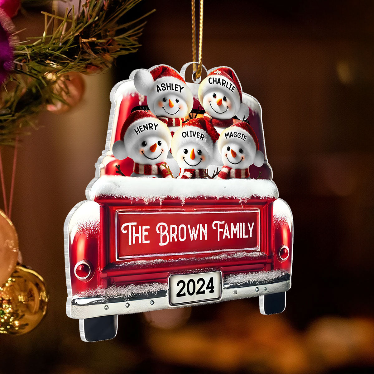 Personalized Snowman Family Acrylic Christmas Ornament, Red Truck Custom Name 3D Effect Ornament