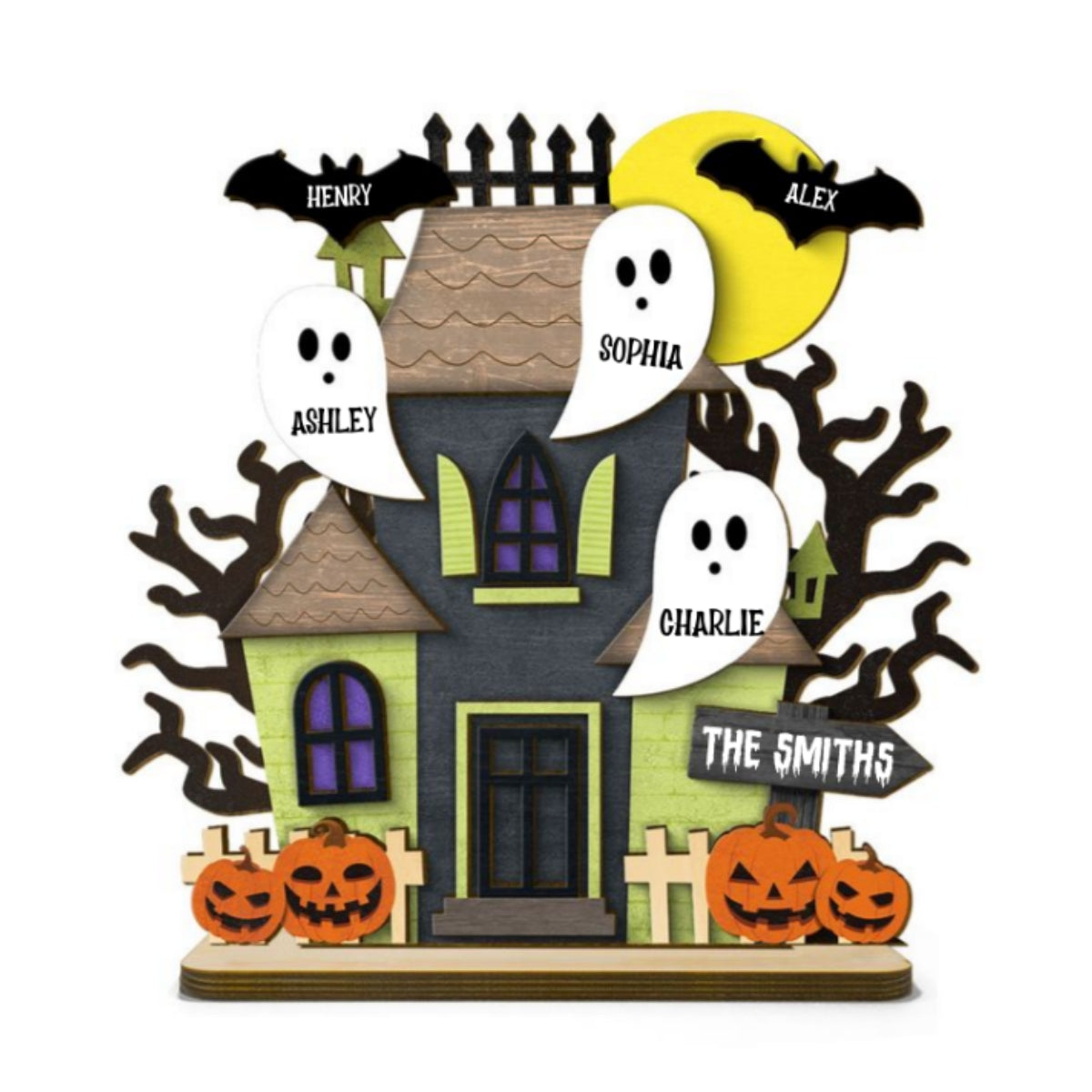 Grandma Family Haunted House Boo Flying Personalized Standing Wooden Plaque, Halloween Decor