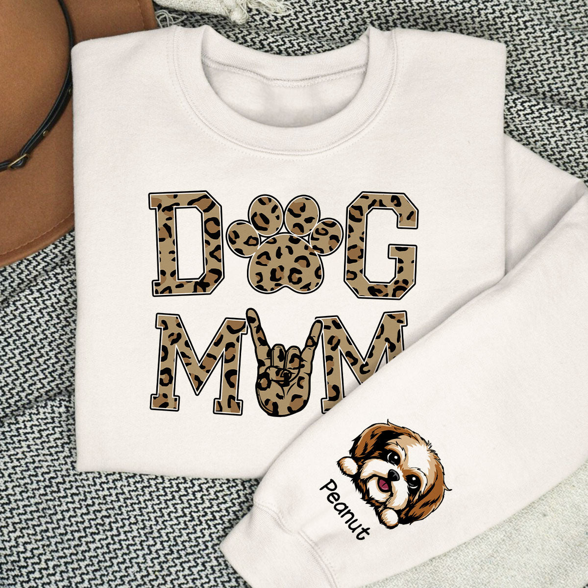 Dog Mom Leopard Peeking Dog, Gift For Dog Mom, Fur Mama, Personalized Sleeve Printed Sweatshirt