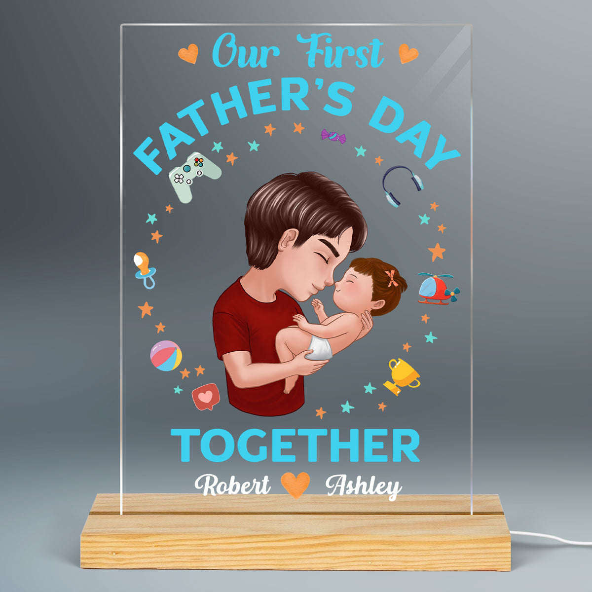 Our First Father‘s Day Doll Dad Holding Baby Personalized Rectangle Acrylic Plaque LED Night Light