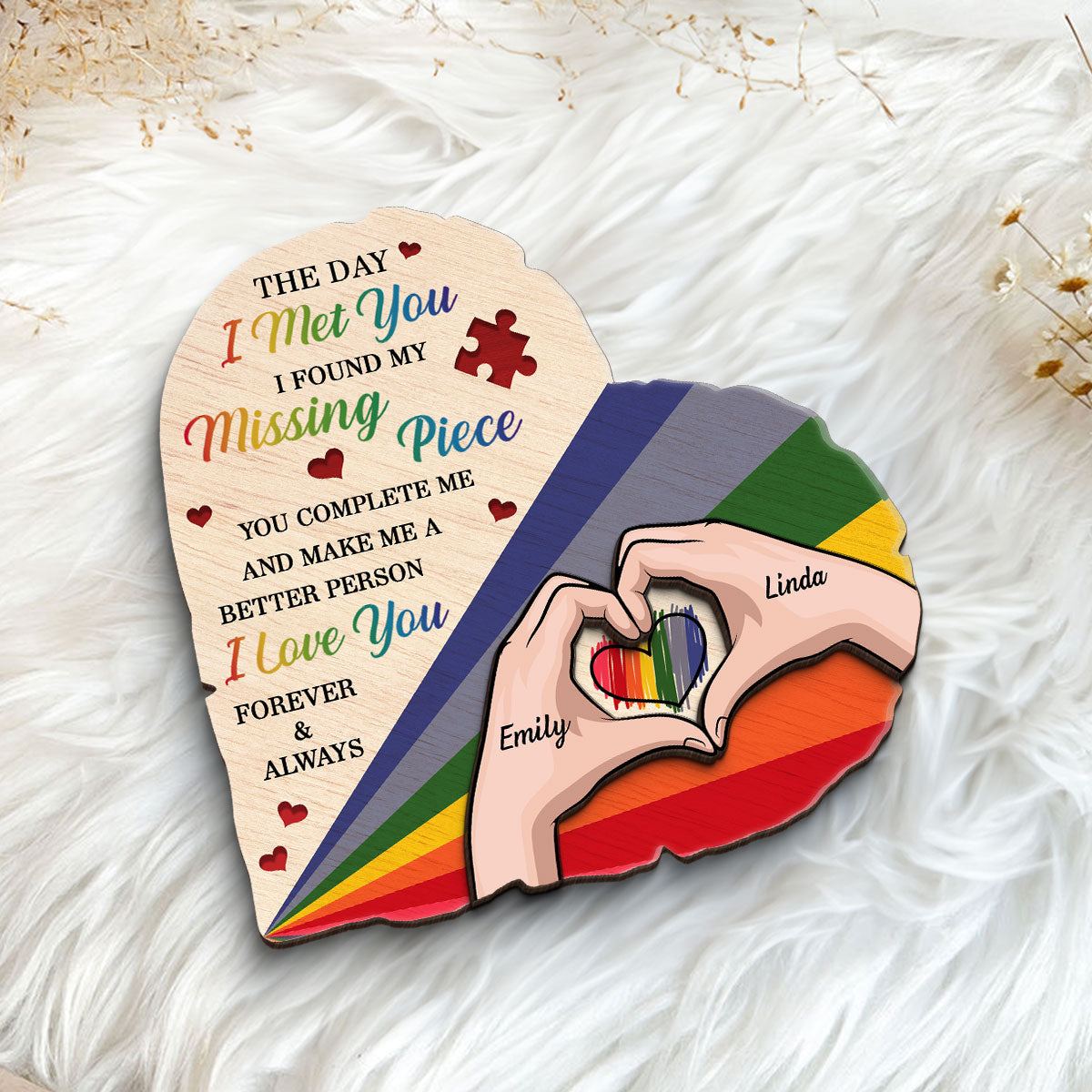 Half Heart Rainbow Flag LGBTQ Couple Personalized 2-Layered Wooden Plaque, Pride Month gift