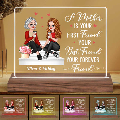 First Friend Best Friend Forever Friend Cartoon Mother Daughters Sitting On Stair Personalized Custom Shape LED Night Light