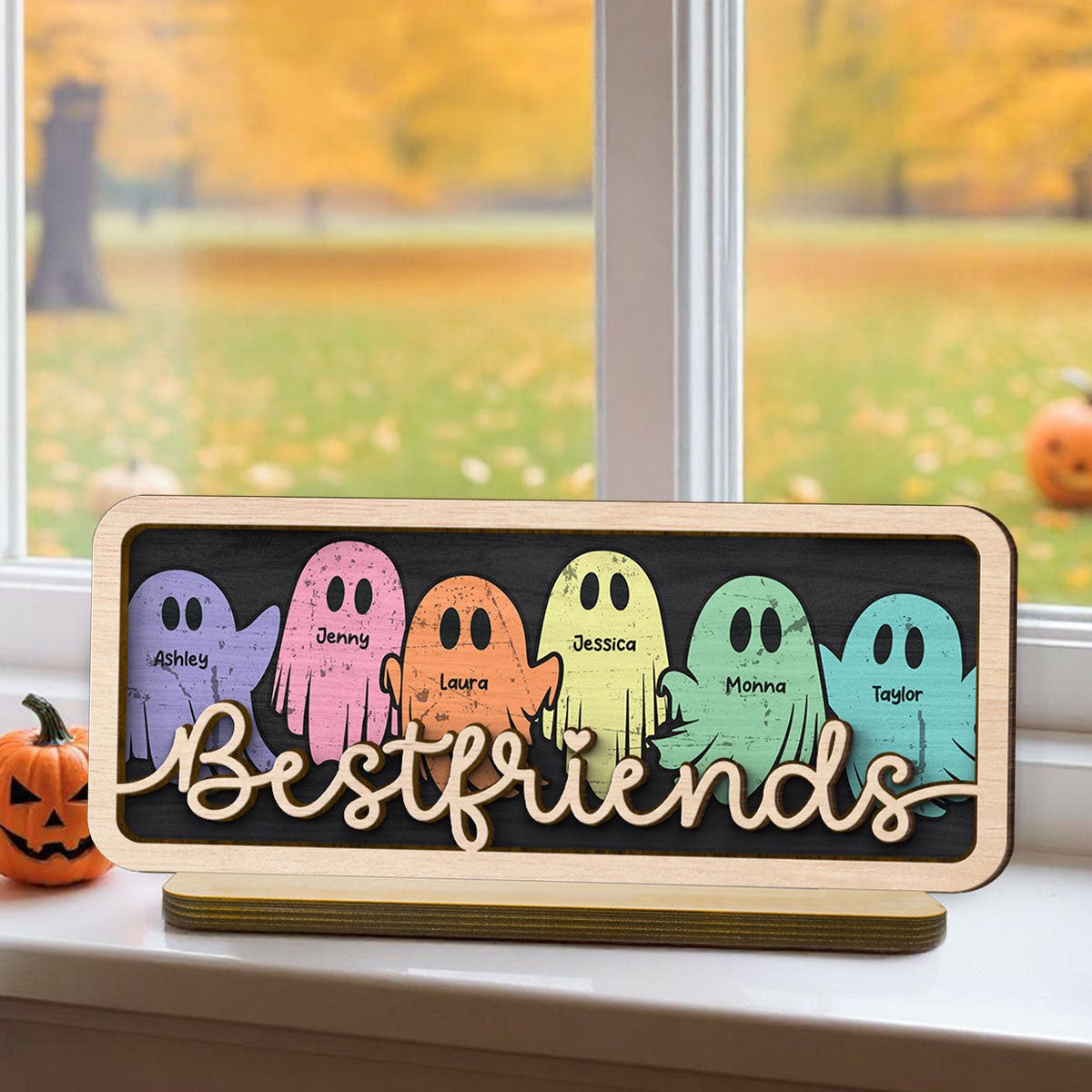 Besties Sister Best Friends Boo Crew Personalized 2-Layer Wooden Plaque, Halloween Gift