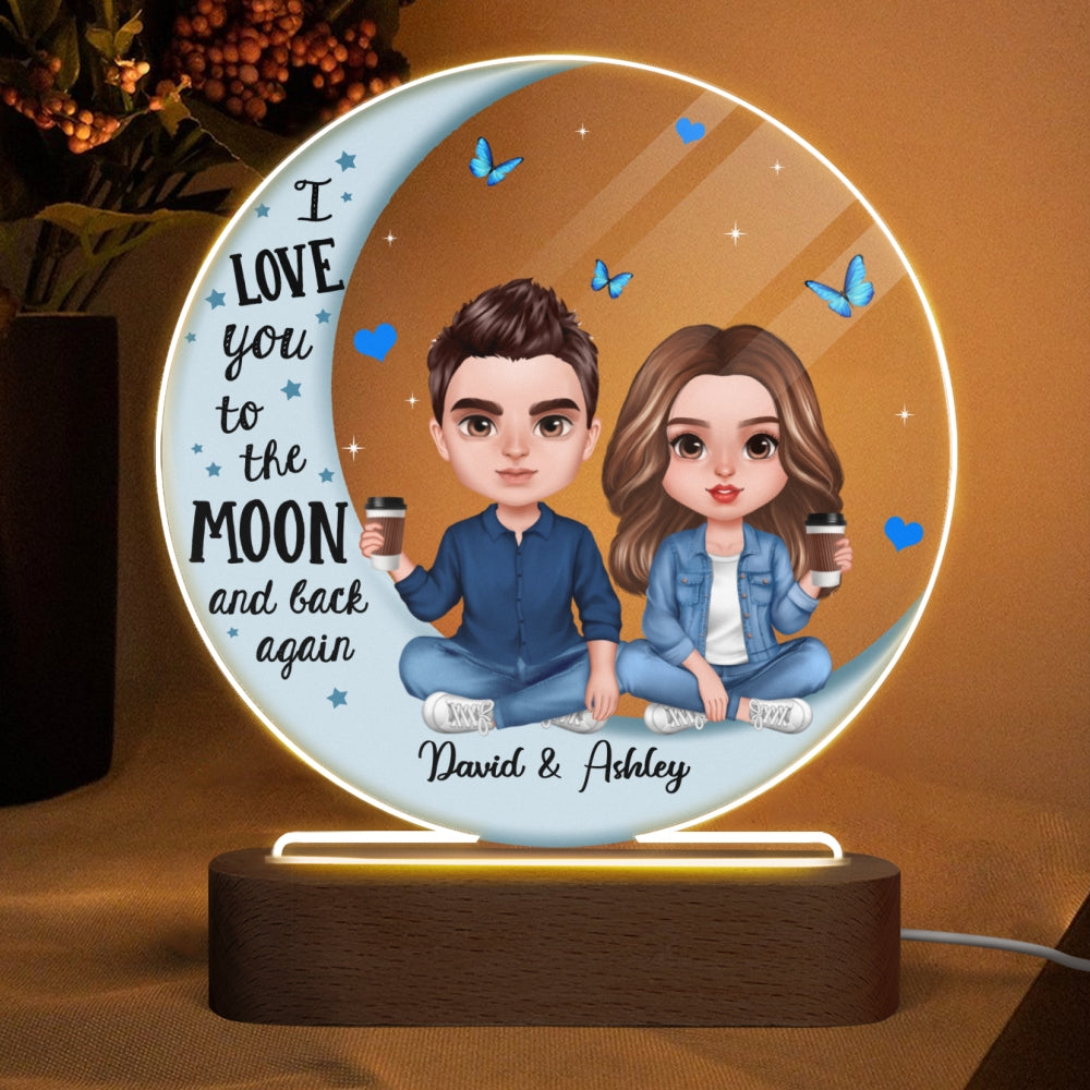 Doll Couple Sitting Realistic Blue Moon Personalized Circle Plaque LED Night Light