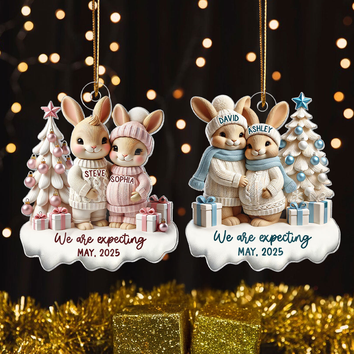 3D Effect Bunny Couple Pregnant Expecting New Baby Christmas Personalized Acrylic Ornament, Pregnancy Announcement Keepsake