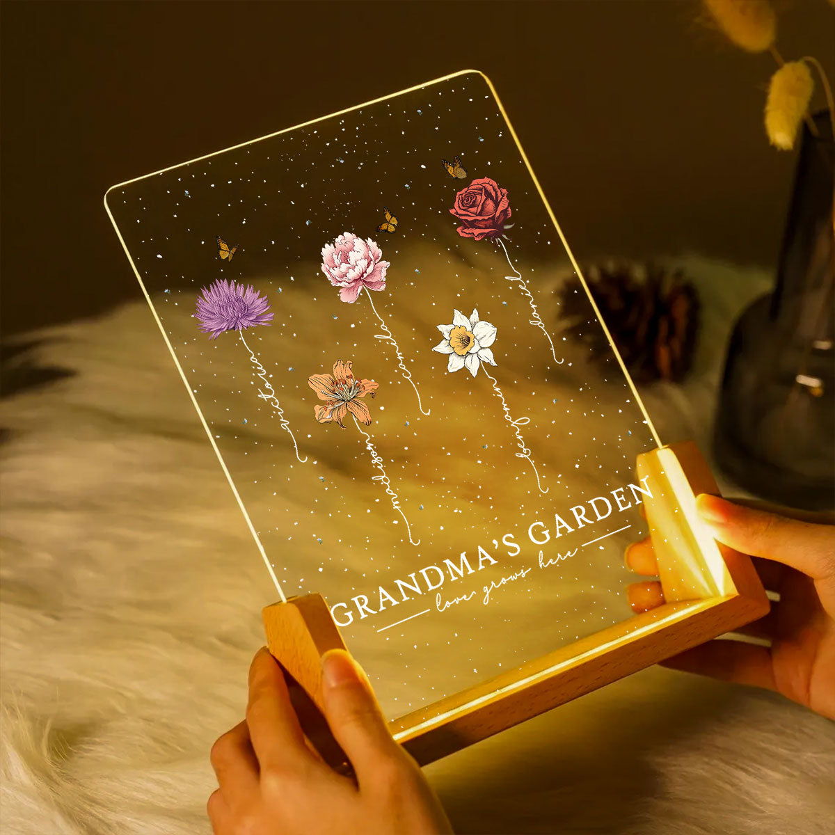 Grandma's Garden Love Grows Here Birthmonth Flowers Personalized U-Base Acrylic LED Night Light, Grandkids Names Floral Gift