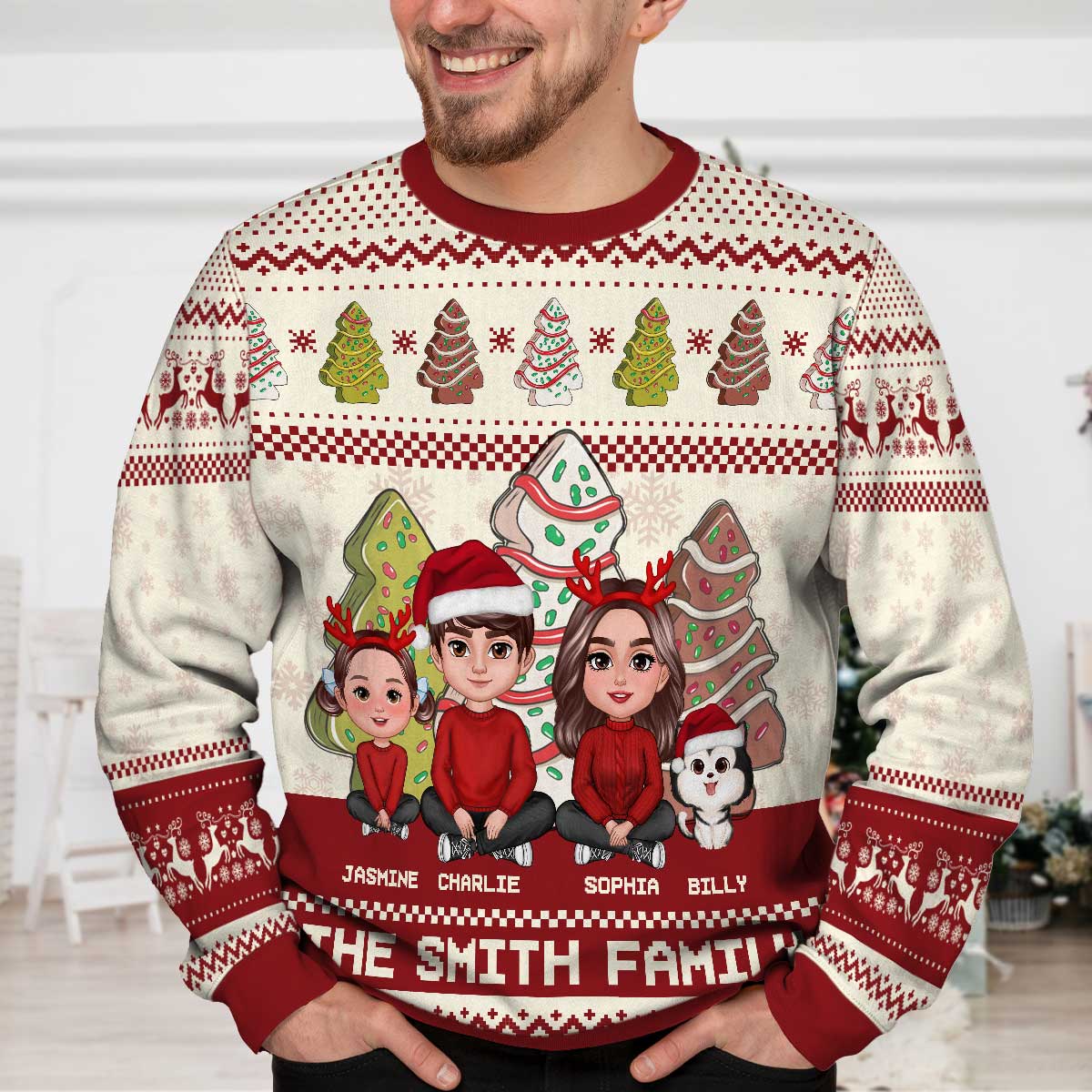 Family Christmas Tree Cake Personalized Faux Knitting Ugly Sweater