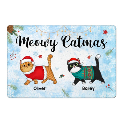 Meowy Catmas Cute Walking Fluffy Cat Christmas Personalized Doormat