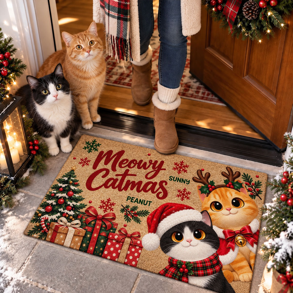 Festive Christmas Meowy Catmas Cute Cats - Personalized Doormat - Christmas Gift For Cat Lovers, Christmas Decor