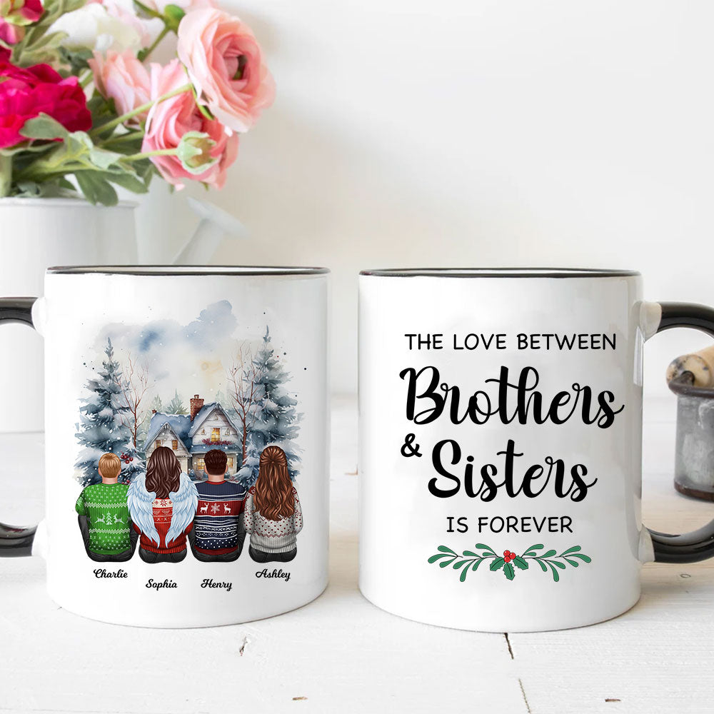 Brother Sisters Watercolor Christmas House Personalized Mug, Christmas Gift for Siblings