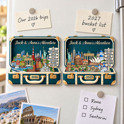 Custom Travel Adventure Suitcase 2D Flat Printed - Personalized Acrylic Fridge Magnet - Traveling Destination Keepsake, Gift For Traveling Lovers