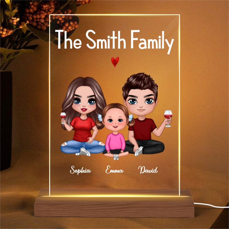 Doll Couple Dad Mom Kids Dogs Cats Personalized Rectangle Acrylic Plaque LED Lamp Night Light