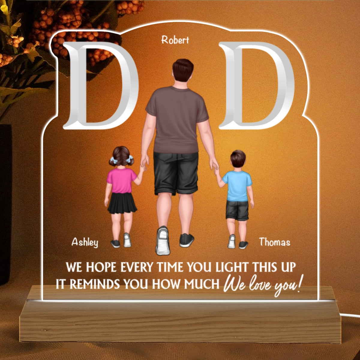 Dear Dad Back View Man Dad And Kids Walking Personalized Custom Shape Acrylic Plaque Warm LED Night Light