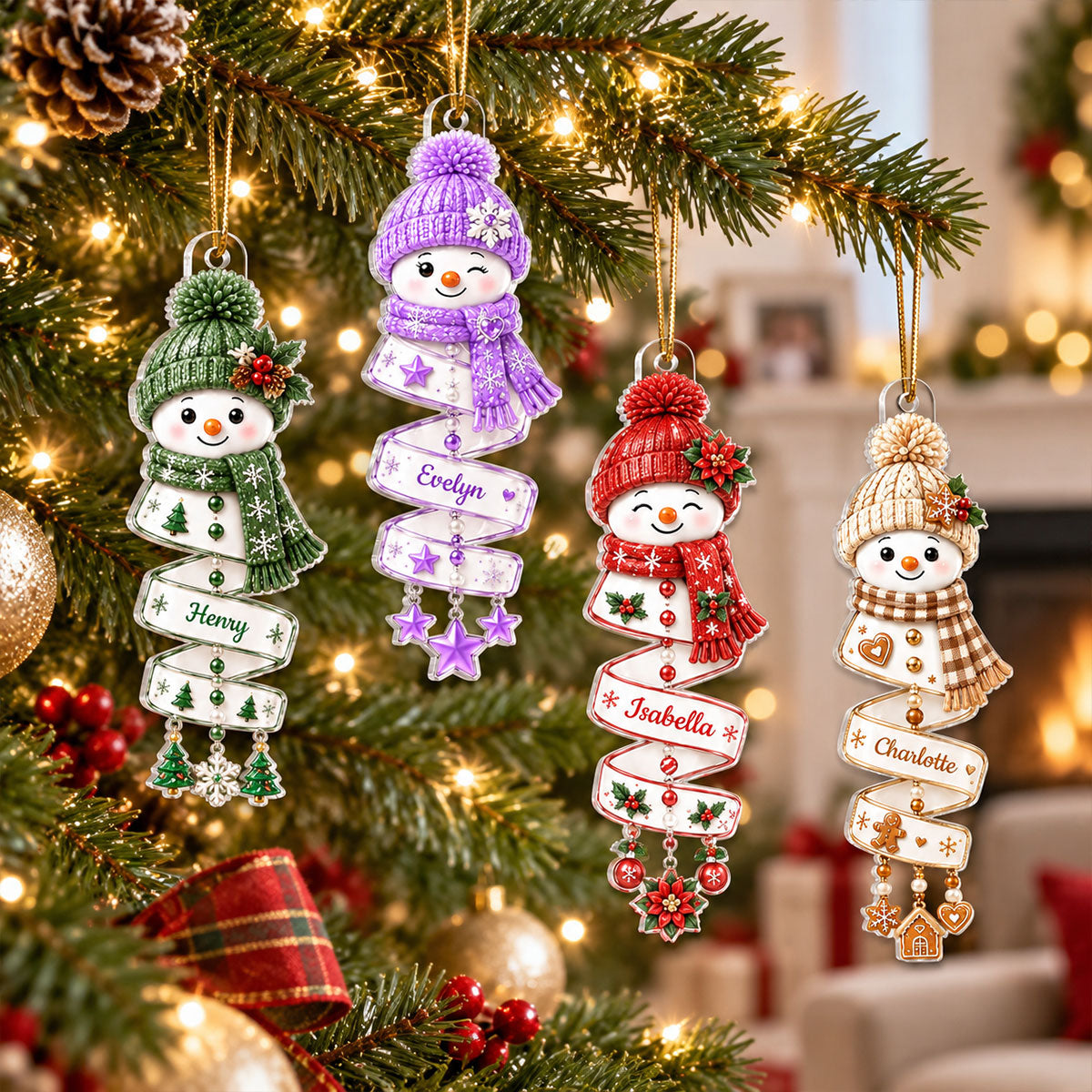 Christmas Snowman Spiral Style Custom Kids Names, Family Member Names - Personalized Acrylic Ornament - Christmas Gift For Kids, Family