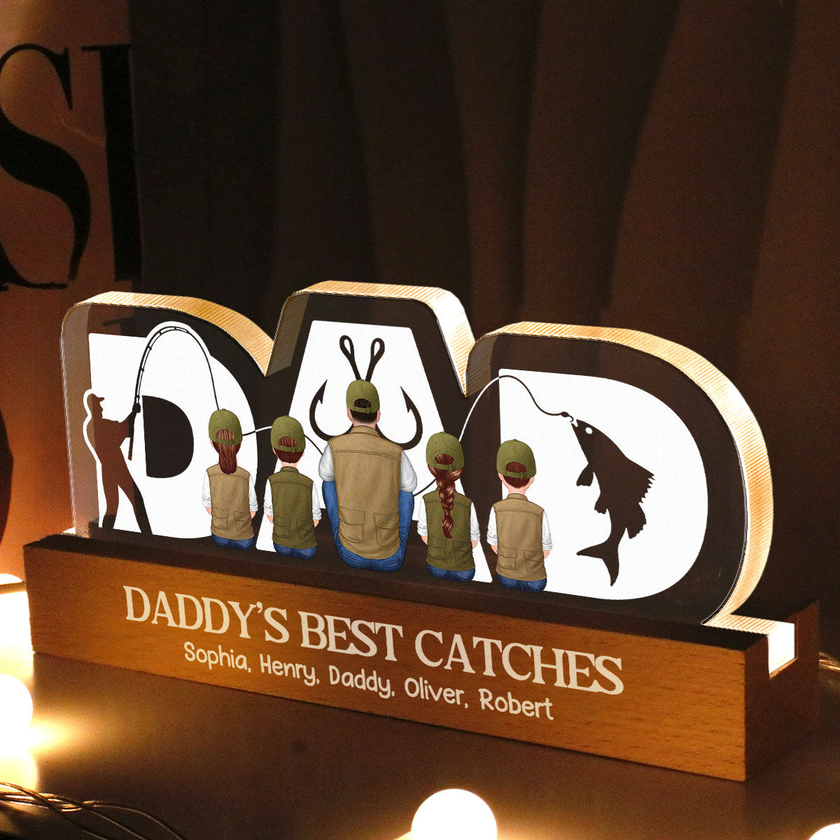 Fishing Dad Grandpa And Kids Back View Personalized Acrylic LED Night Light, Father's Day Gift for Dad, Gift for Husband
