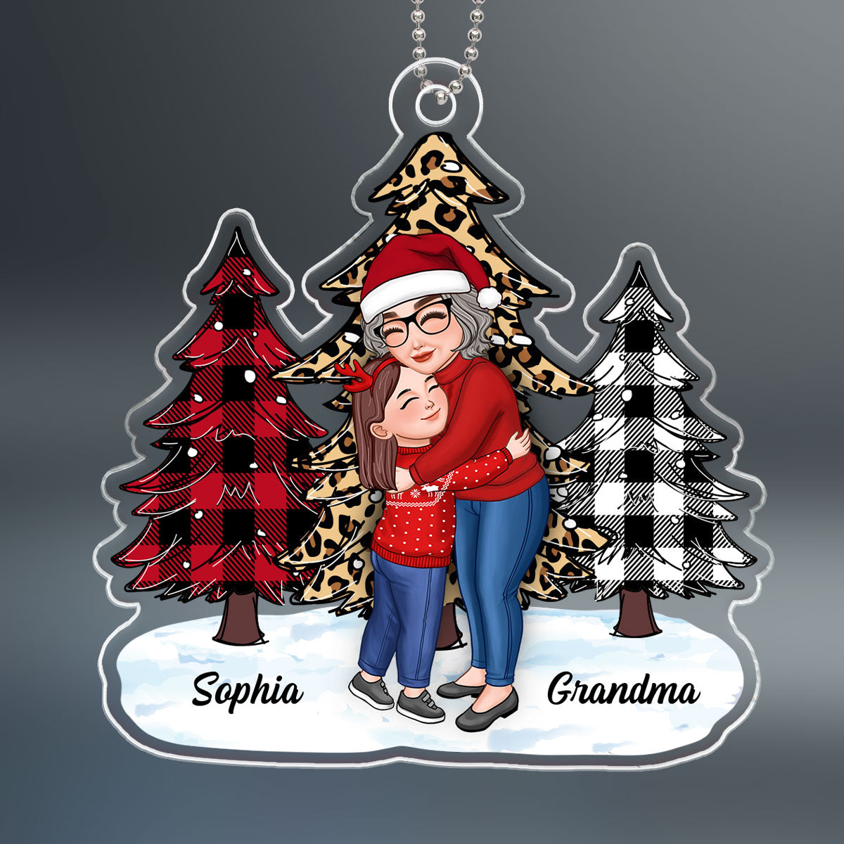 Grandma Hugging Grandkids Christmas Checkered Leopard Christmas Tree Gift For Grandkids Personalized Acrylic Ornament