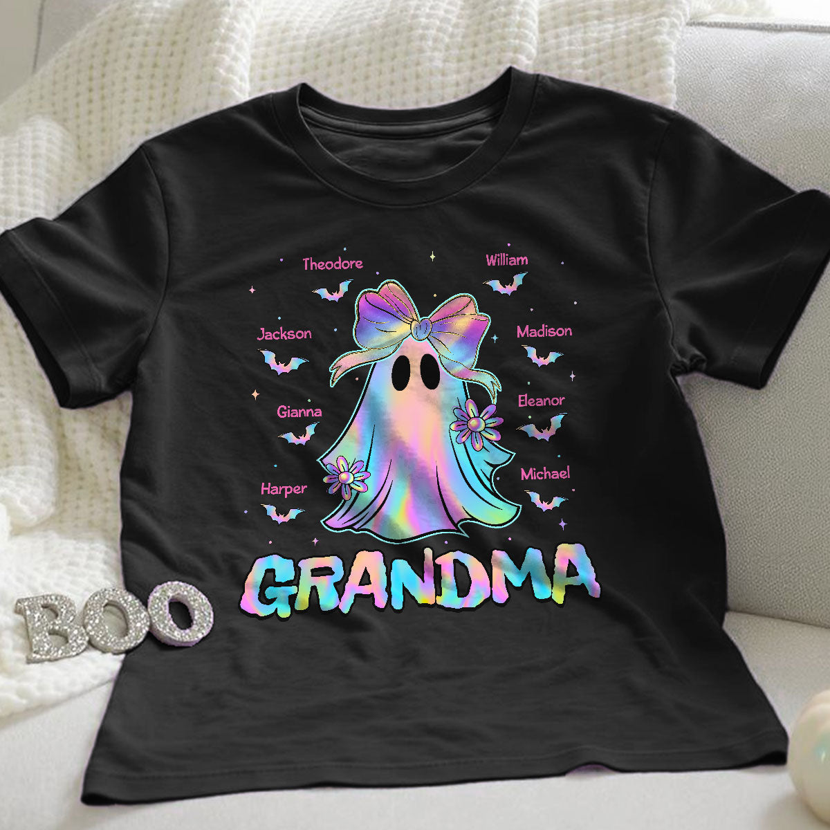 Halloween Preppy Style Iridescent Boo Kids Names Grandma Heart Personalized Shirt