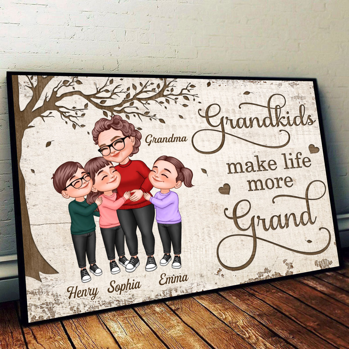 Grandkids Make Life Grand Grandma Grandkids Hugging Under Tree Personalized Poster