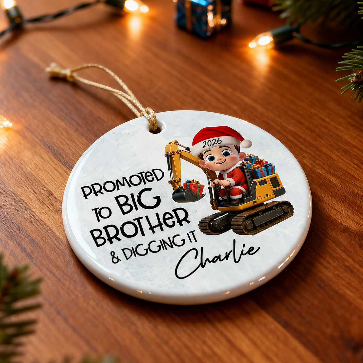 Promoted To Big Brother & Digging It Kid Driving Excavator - Personalized Ceramic Ornament - Proud New Big Brother Gift