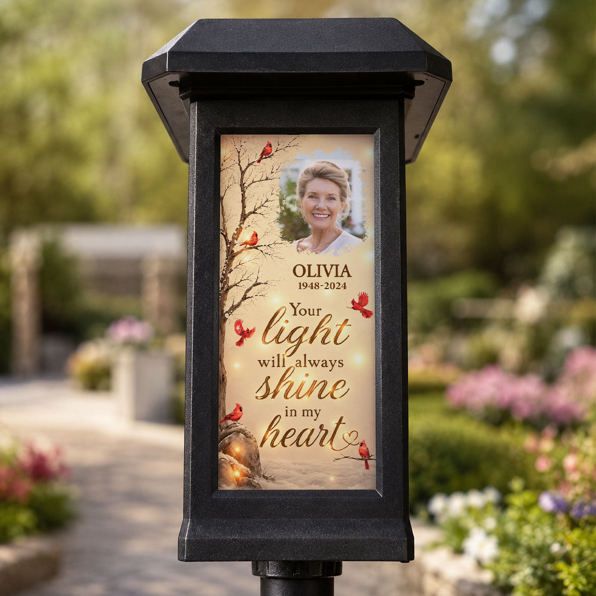 Your Light Will Always Shine in My Heart Cardinal Memorial - Personalized Solar Garden Light - Heartfelt Sympathy Gift for Loved Ones