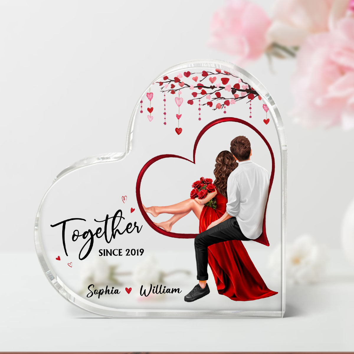 Embracing Couples Sitting On Heart Personalized Acrylic Heart Plaque,  Gift, Anniversary Gift for Couples