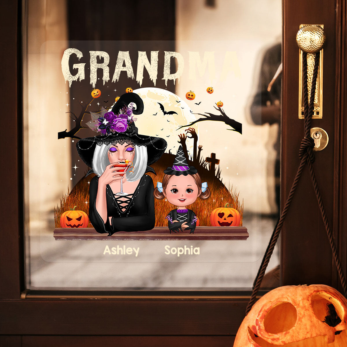 Grandma Mom And Kids Halloween Night Personalized Decal, Halloween Decor
