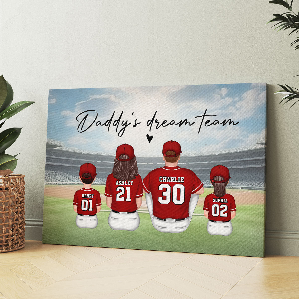 Daddy's Team Baseball Family Sitting Personalized Canvas, Gift For Dad, Grandpa, Husband