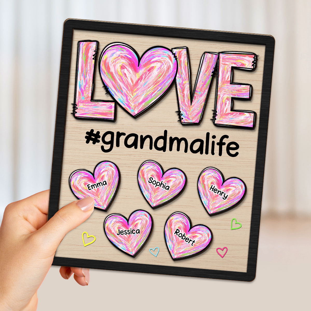 Grandma Mom Sweet Pink Hearts Personalized 2-layer Wooden Plaque