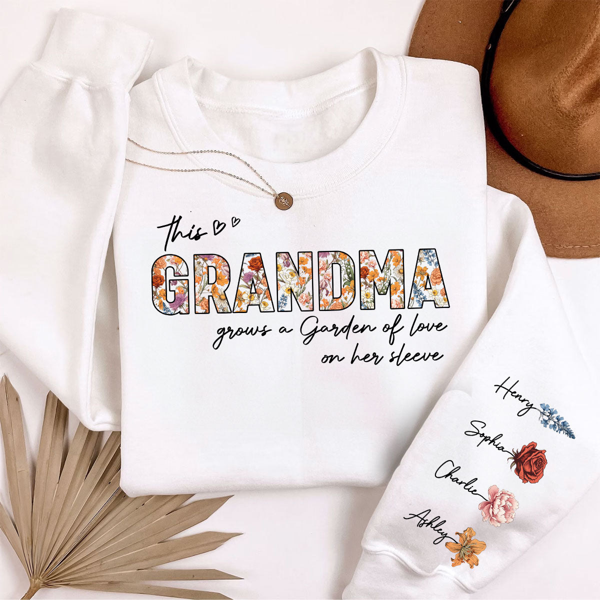 This Grandma Mom Grows A Garden Of Love On Her Sleeve Vintage Birth Flower Personalized Sleeve Printed Sweatshirt