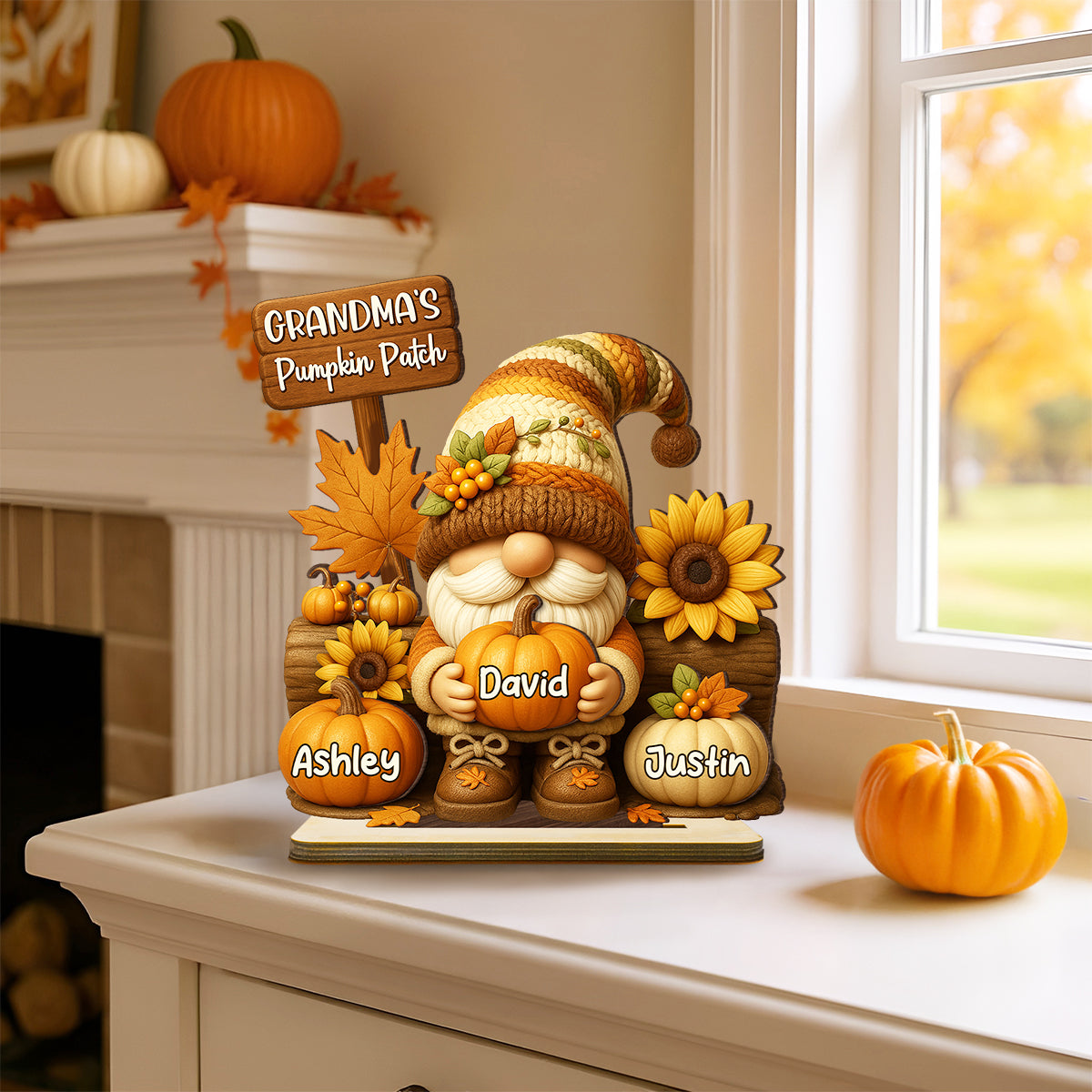 Gnome Grandma's Pumpkin Patch Personalized Standing Wooden Plaque, Fall Decor for Grandma