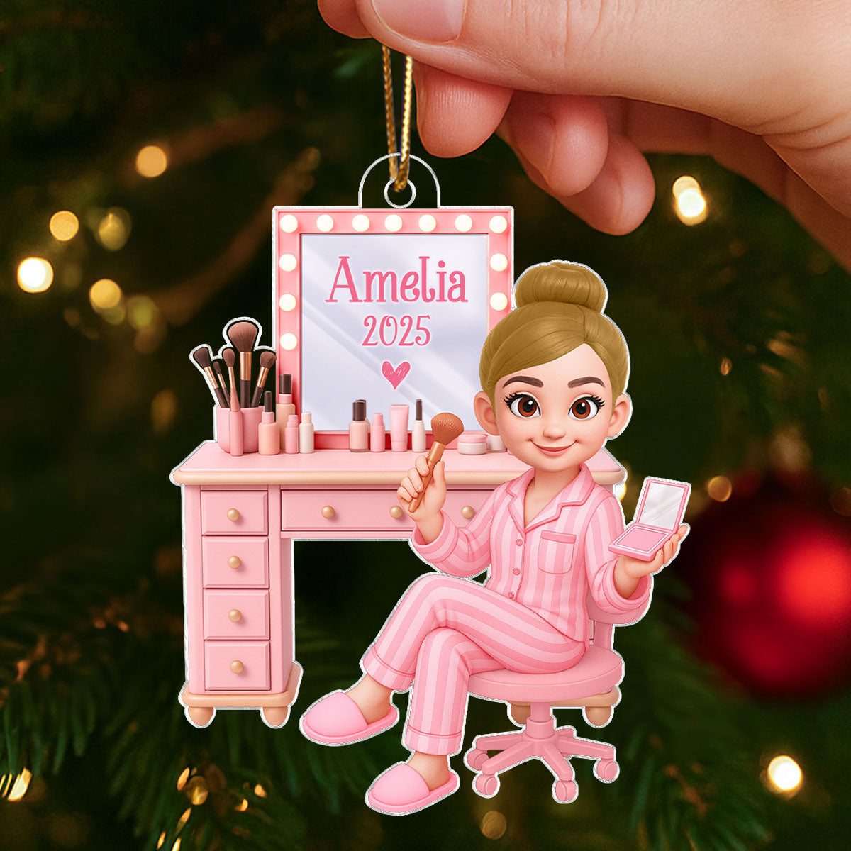 Pink Girl Makeup 3D Effect - Personalized Acrylic Ornament - Christmas Gift for Daughters, Granddaughters, Teen Girls