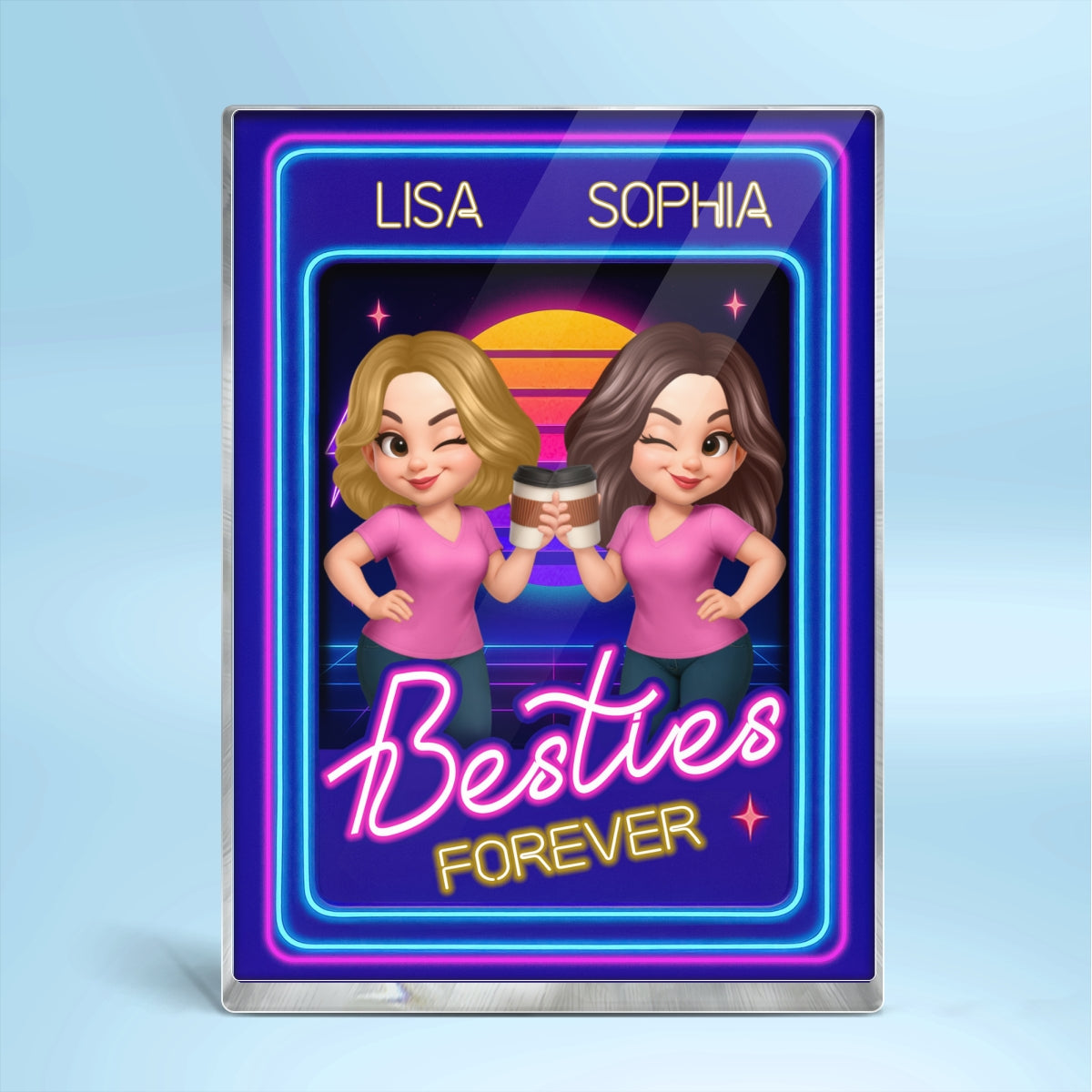 Besties Sisters Retro Rewind Neon Toy Box 3D Effect Personalized Acrylic Block