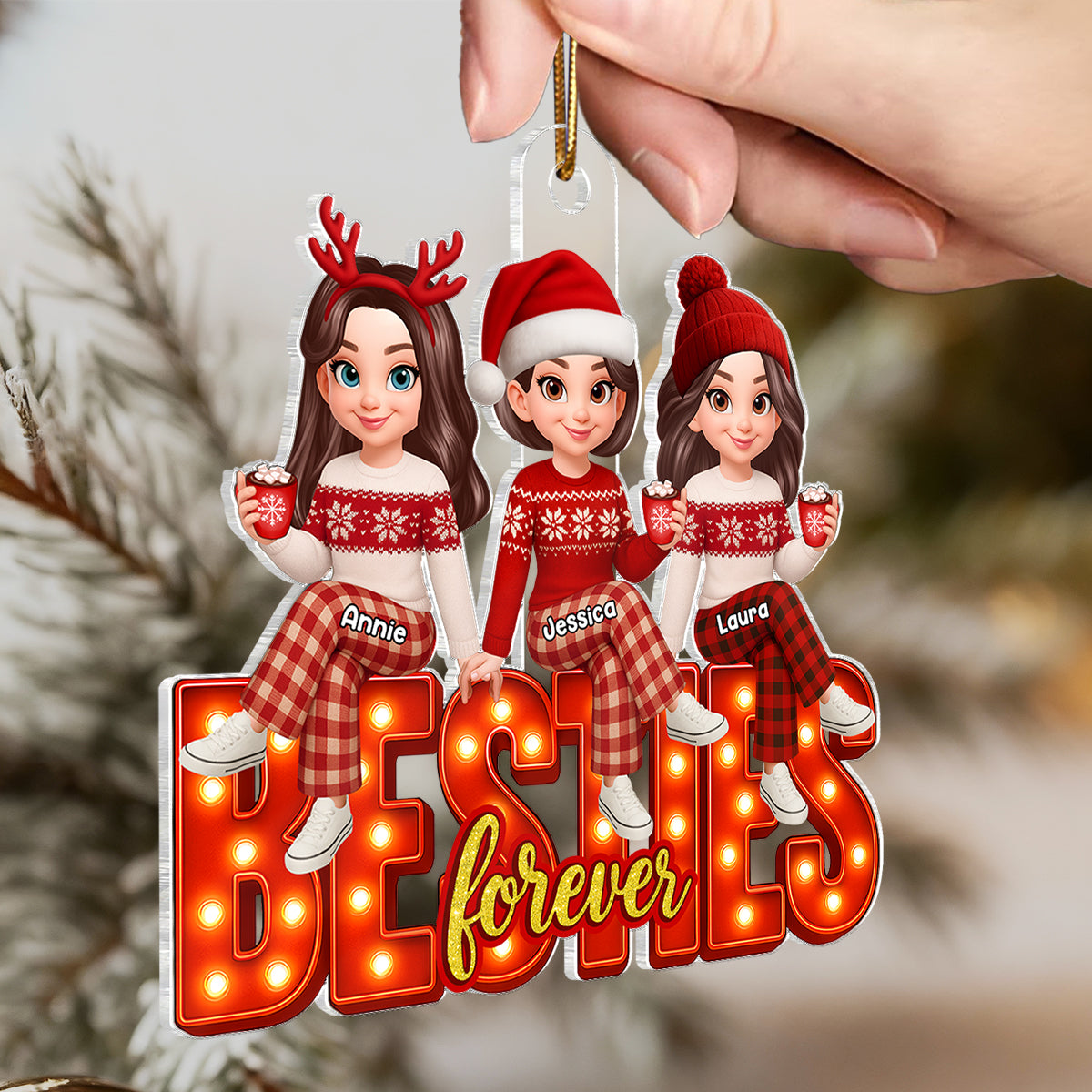 3D Effect Christmas Besties Forever Marquee Effect - Personalized Acrylic Ornament - Christmas Gift For Best Friends