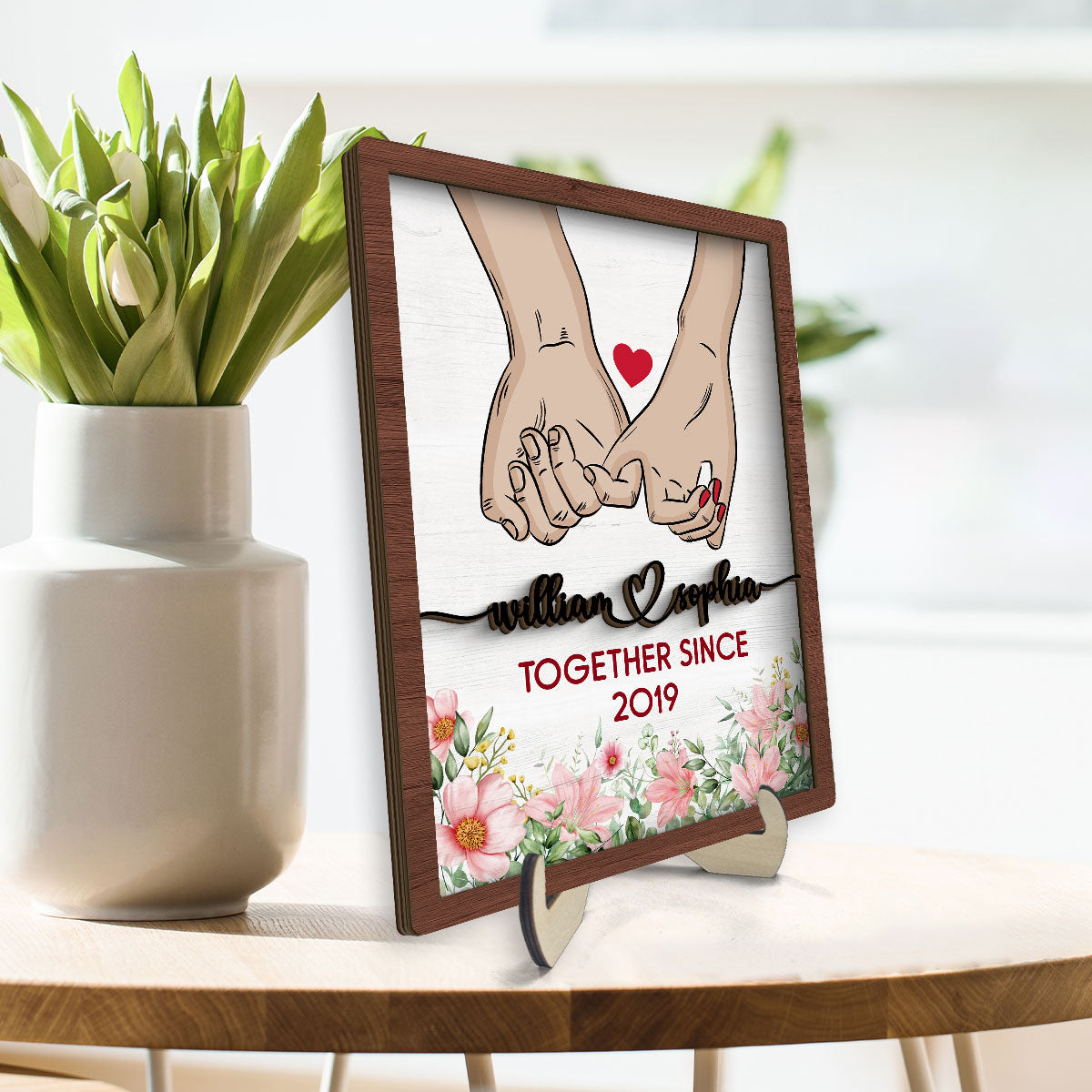 Couple Together Since Holding Hands Personalized 2-Layer Wooden Plaque