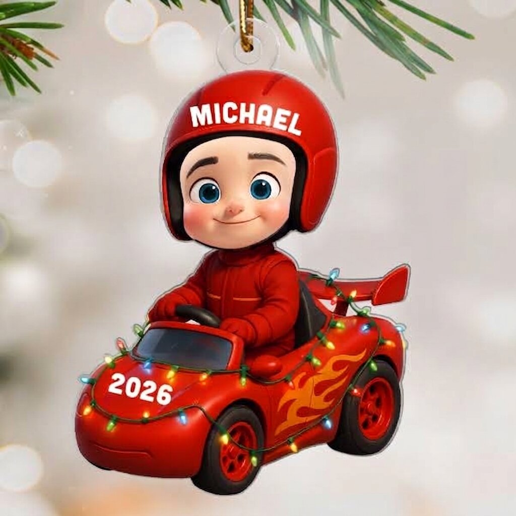3D Effect Little Kid Racing Car Christmas Personalized Acrylic Ornament