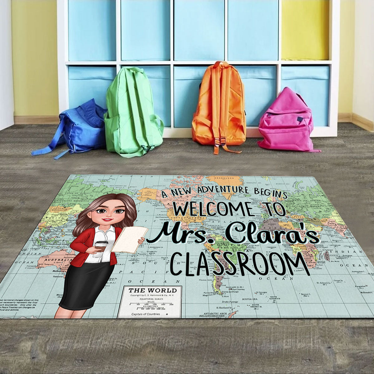 World Map Adventure Themed Welcome To Classroom Personalized Doormat, Gift For Teacher, Classroom Decor