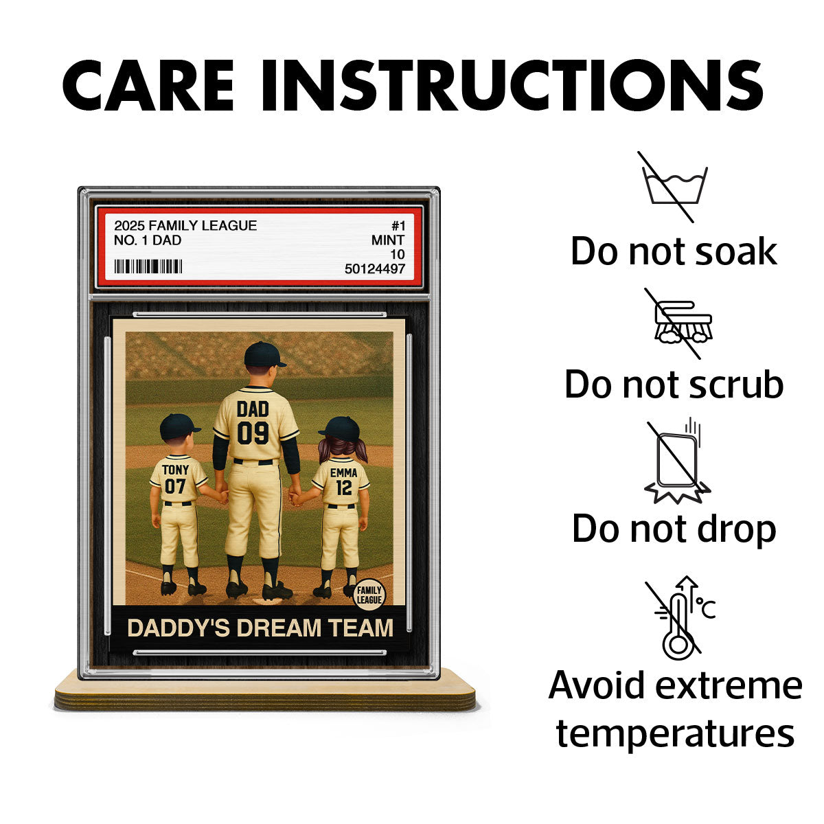 Baseball No. 1 Dad Man & Kids Trading Card Style Personalized 2-Layer Standing Wooden Plaque