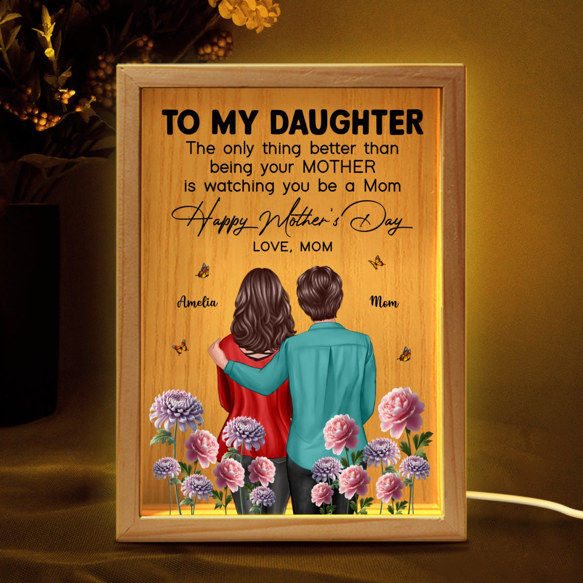 To My Daughter From Mom Happy Mother's Day Birth Flower Personalized Wooden Frame LED Light Box, Gift For Daughter