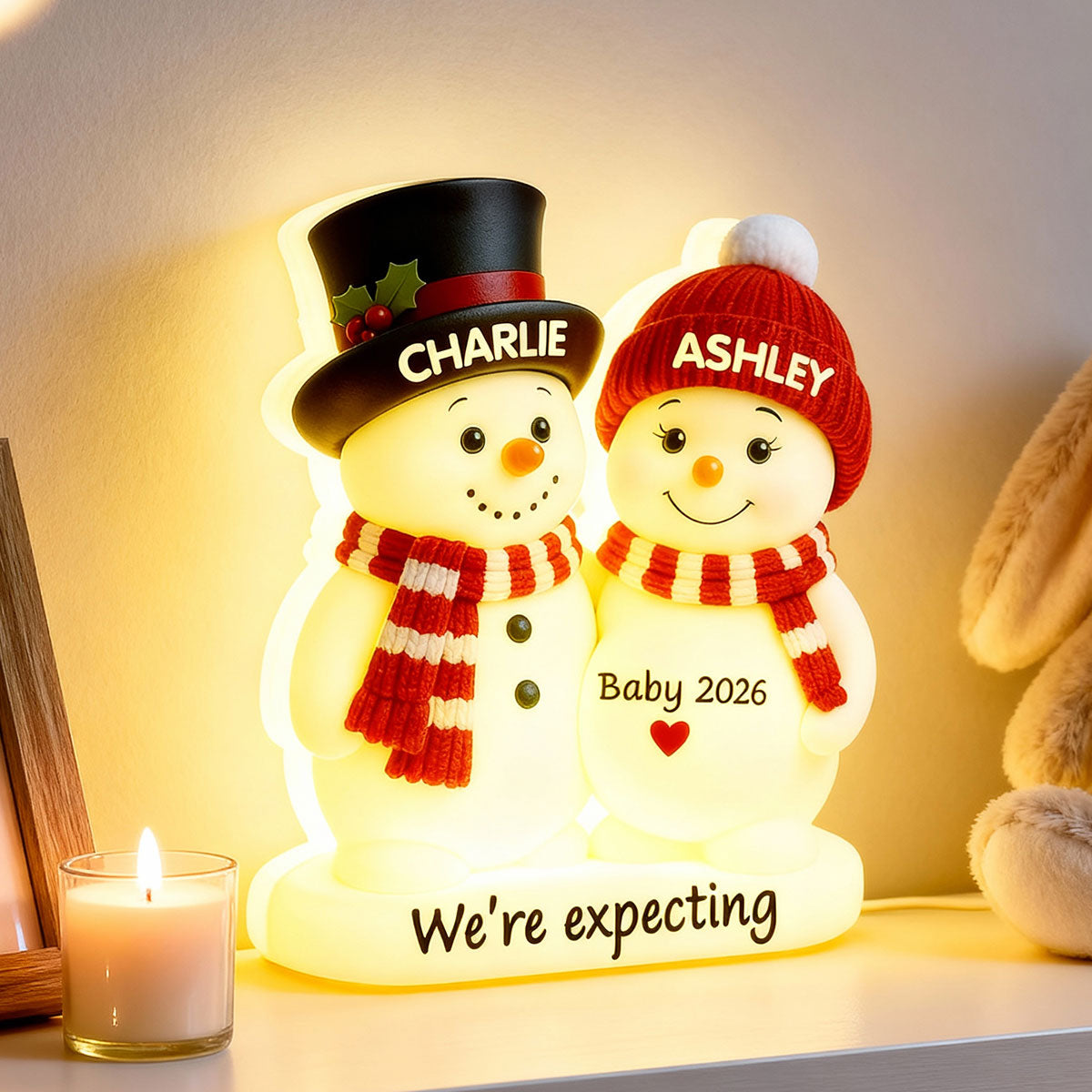 Christmas Snowman Couple Parents We're Expecting Pregnancy Baby Arriving - Personalized Light Box